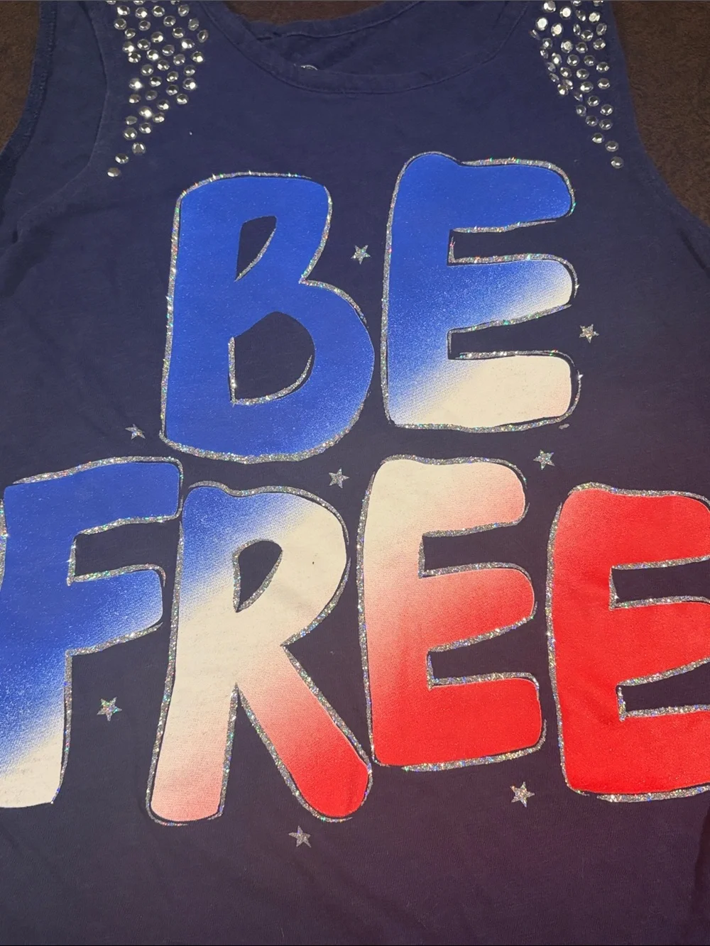 Justice Navy Tank Top with Red, White & Blue 'BE FREE' Graphic and Stud Accents